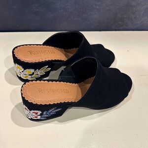 Restricted Black Floral Embroidered Mules